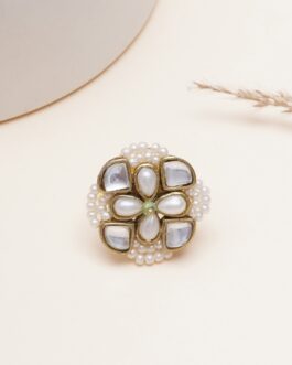 Women White Kundan & Pearl Bloom Adjustbale Ring