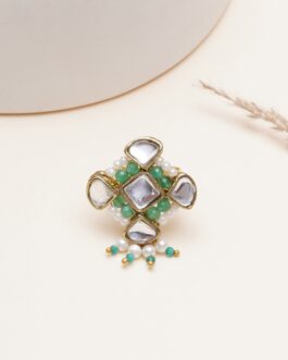 Women Green Emerald Green Kundan Pearl Ring