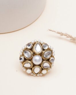 Women White Pearl Kundan Floral Statement Ring