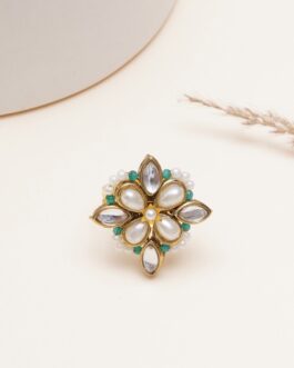 Women Green Kundan & Pearl Floral Ring