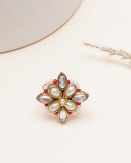 Women Red Kundan & Pearl Floral Ring