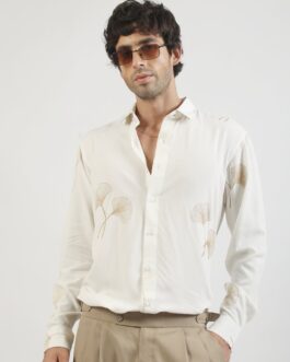 Biloba Leaf Embroidery Cream Full Sleeve Shirt