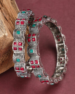 Women Set of 2 Silver Oxidised Curved Designed Red and Green Stone Studded Bangles