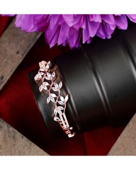 Women American Diamond Rose Gold Style Statement Leaf Shaped Bracelet