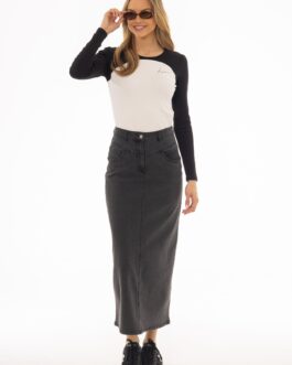 Black Coin Pocket Denim Maxi Skirt