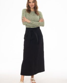 Black Denim Belted A-Line Maxi Skirt