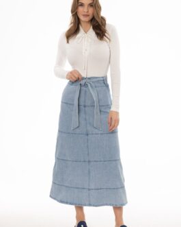 Blue Denim Belted A-Line Maxi Skirt