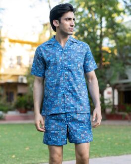 Blue Indigo Cuban Collar Crepe Co-ord Set