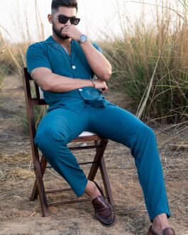 Teal Blue Half Sleeves Poly Crepe Co-ord Set