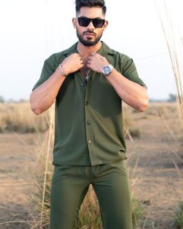 Military Green Half Sleeves Poly Crepe Co-ord Set