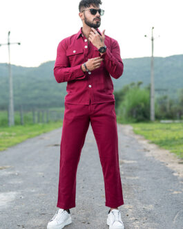 Burgundy Full Sleeves Two Pocket Linen Co-ord Set