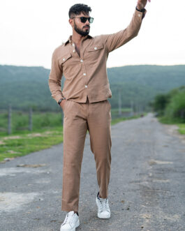 Brown Full Sleeves Two Pocket Linen Co-ord Set