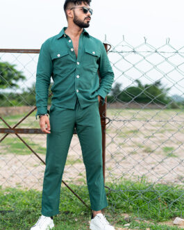Bottle Green Full Sleeves Two Pocket Linen Co-ord Set