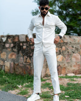 White Full Sleeves Two Pocket Linen Co-ord Set