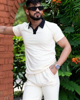 Solid Cream Polo Neck T-shirt And Shorts Co-ord Set