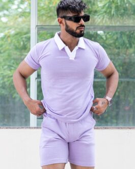 Solid Lavender Polo Neck T-shirt And Shorts Co-ord Set