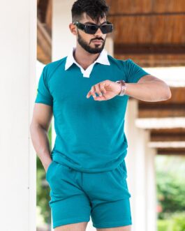 Solid Teal Blue Polo Neck T-shirt And Shorts Co-ord Set