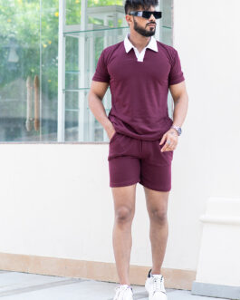 Solid Burgundy Polo Neck T-shirt And Shorts Co-ord Set