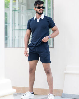 Solid Blue Polo Neck T-shirt And Shorts Co-ord Set