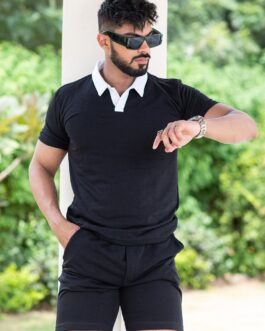 Solid Black Polo Neck T-shirt And Shorts Co-ord Set