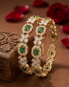 Women Exquisite Emerald & Diamond Gold Plated Floral Kada Bangles