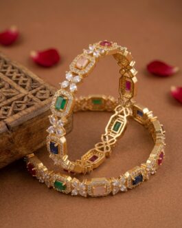Women Exquisite Emerald & Diamond Gold Plated Floral Kada Bangles