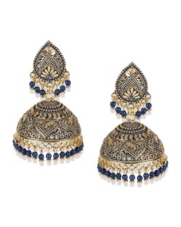Women Gold Plated & Blue Dome Shaped Enamelled Jhumkas