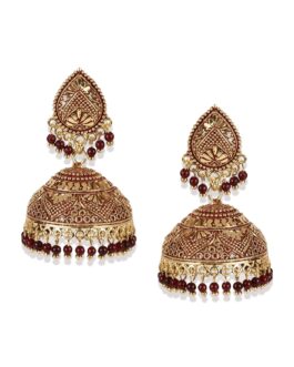 Women Gold Plated & Maroon Dome Shaped Enamelled Jhumkas