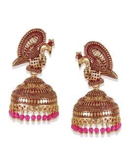 Women Gold Plated & Pink Enamelled Peacock Shaped Jhumkas