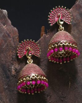 Women Gold Plated & Pink Peacock Shaped Enamelled Jhumkas