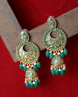 Women Gold Plated Green Enameled And Pearl Drop Jhumka Earring