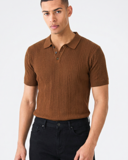 Embedded Textured Brown Premium Flat Knit Polo T-Shirt