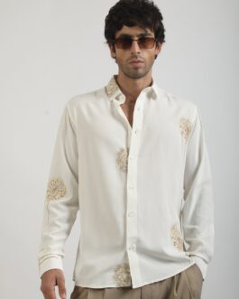 Blowball Flower Embroidery Cream Full Sleeve Shirt