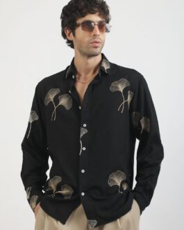 Biloba Leaf Embroidery Black Full Sleeve Shirt