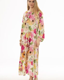 Floral Print Pintuck Balloon Sleeve Maxi Dress