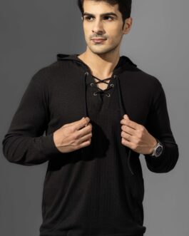 Black Full Sleeve Hooded Neck T-Shirt