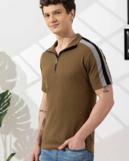 Olive Green Self Design Zipper Collar T-Shirt