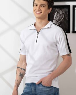 White Self Design Zipper Collar T-Shirt