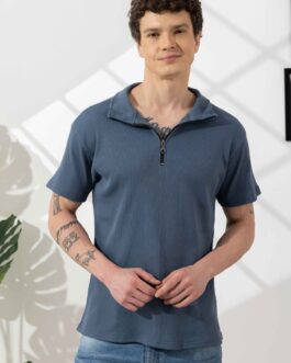 Blue Self Design Cotton Zipper T-Shirt