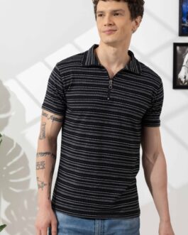 Black Self Design Cotton Zipper T-Shirt