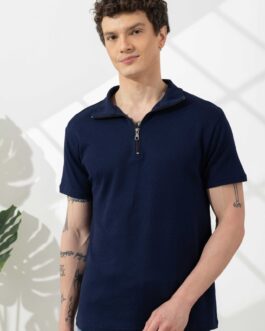 Navy Blue Self Design Cotton Zipper T-Shirt
