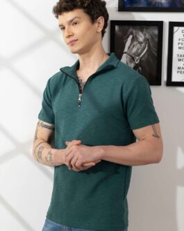 Green Self Design Cotton Zipper T-Shirt