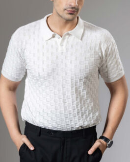 White Embedded Flat Knit Premium Polo T-Shirt