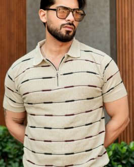 Beige Premium Flat Knit Striped Zipper Polo T-Shirt