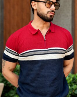 Red Navy Premium Flat knit Colorblocked Zipper Polo T-shirt