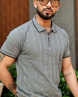 Grey Premium Flat Knit Zipper Polo T-Shirt