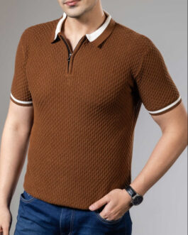 Brown White Self Desing Premium Flat Knit Polo T-Shirt