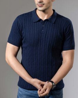 Dark Blue Self Design Premium Flat Knit Polo T-Shirt