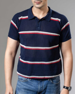 Navy Red Striped Premium Flat Knit Polo T-Shirt