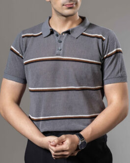 Grey Stripe Flat Knit Premium Polo T-Shirt